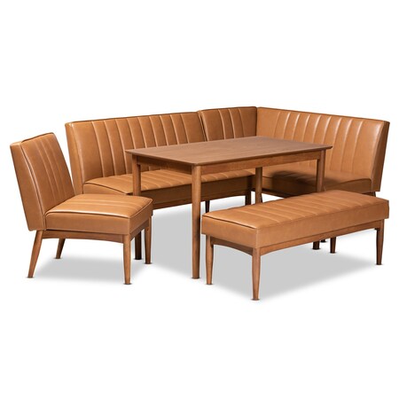 Baxton Studio Daymond Mid-Century Modern Tan Faux Leather and Walnut Brown Finished Wood 5-Piece Dining Nook Set 186-11352-11353-11354-9305-Zoro